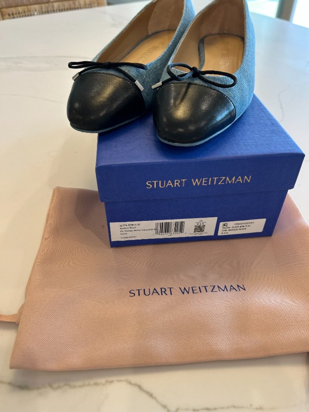 Stuart Weitzman Denim Blue Ballet Flats with Black Cap Toe - Picture 9 of 9
